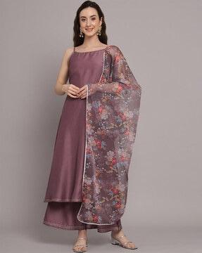 a-line kurta set with printed dupatta