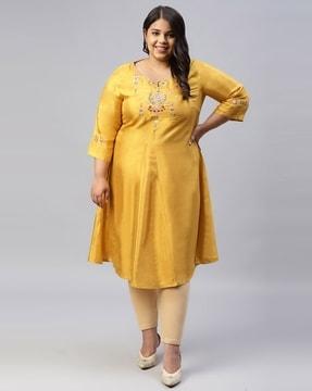 a-line kurta with embroidered yoke