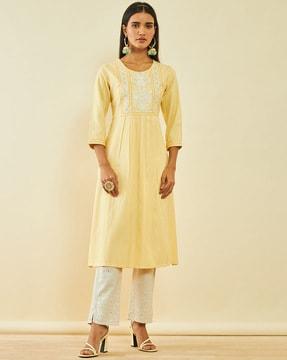 a-line kurta with embroidery yoke