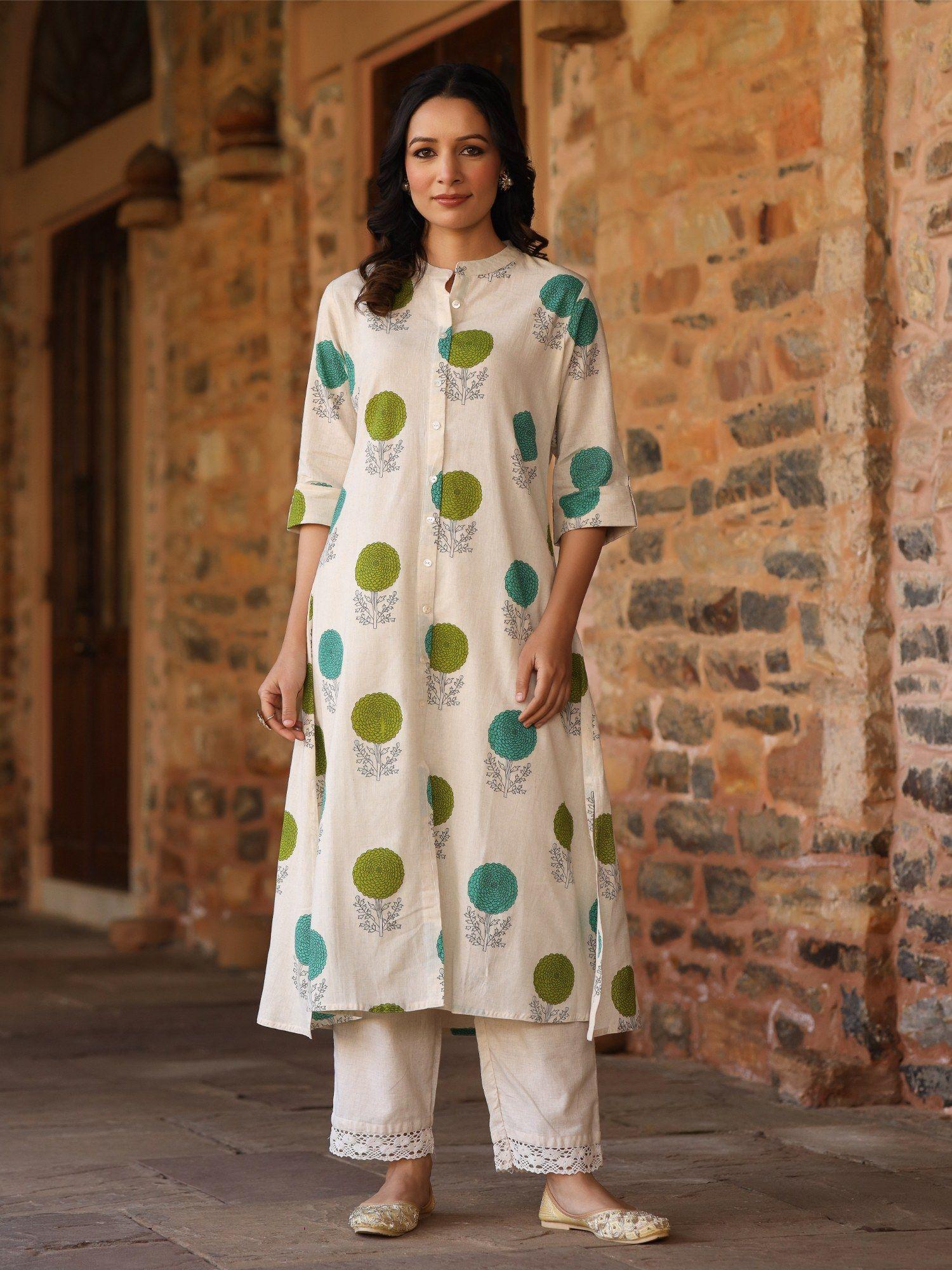 a-line kurta with princess cut and button on flaked beige