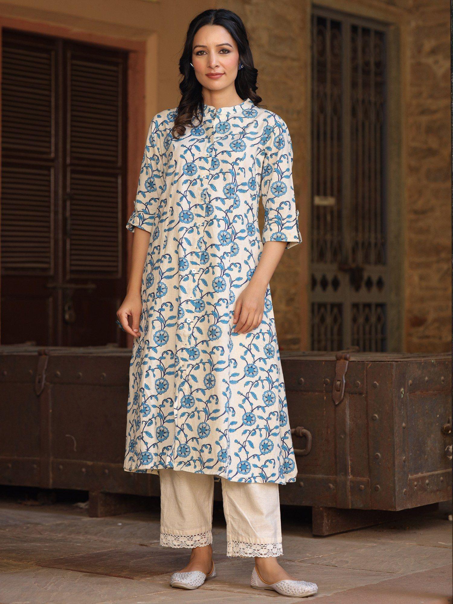 a-line kurta with princess cut and button on flaked blue