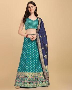 a-line lehenga choli set with floral woven motifs