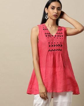 a-line linen tunic with embroidered yoke