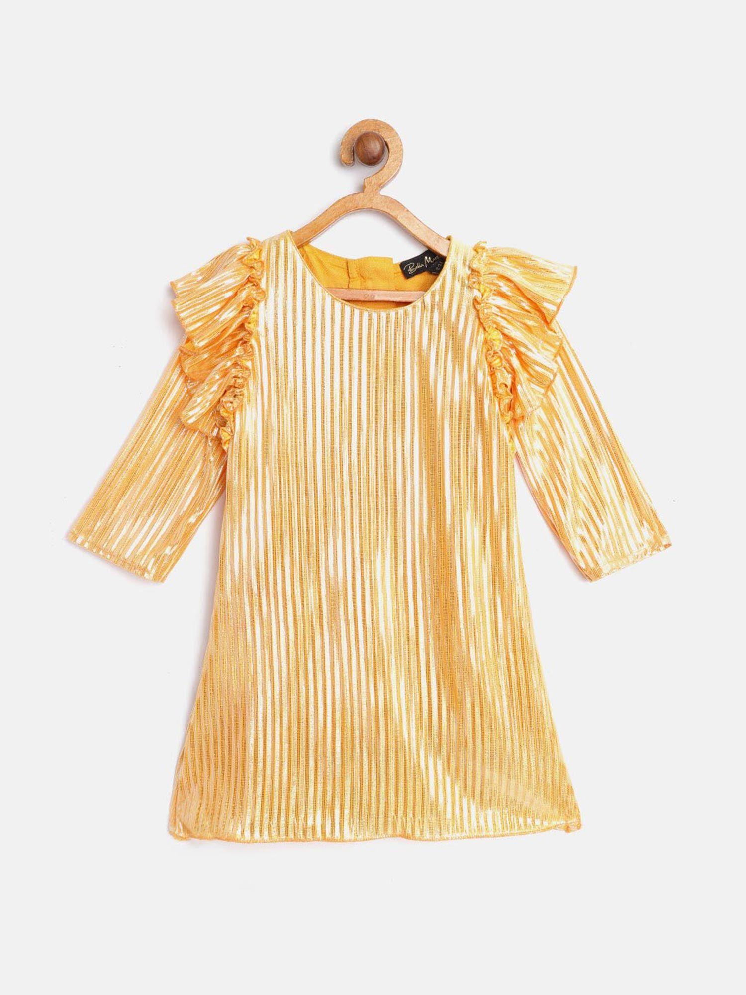 a line round neck full sleeve solid party wear girls dress - yellow
