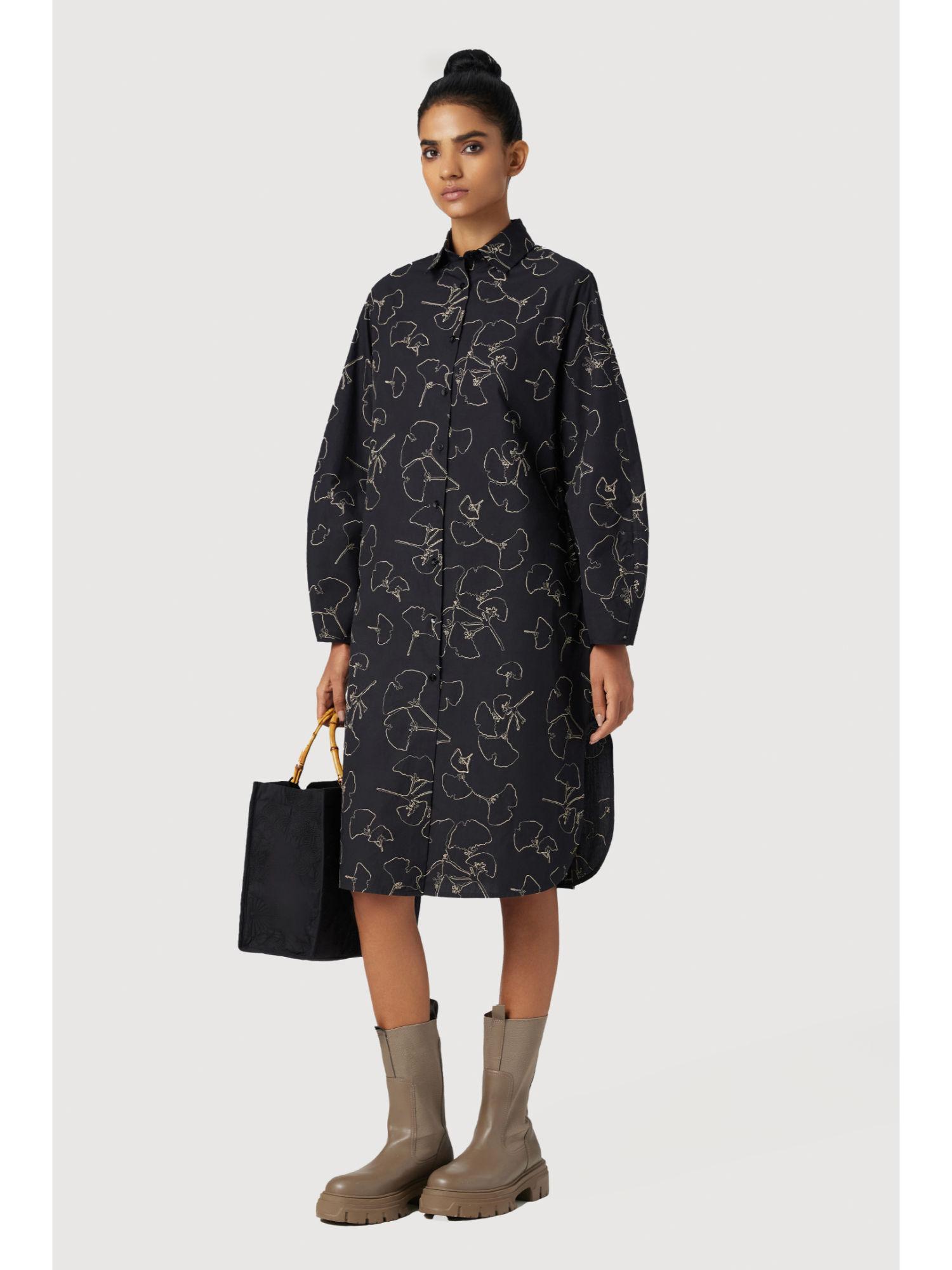 a-line shirt dress with high-low rounded hem black