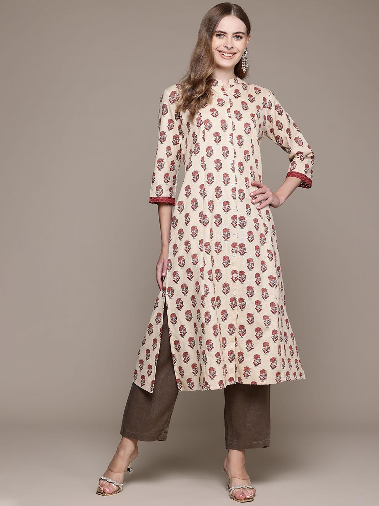 a line style cotton fabric beige & pink kurta