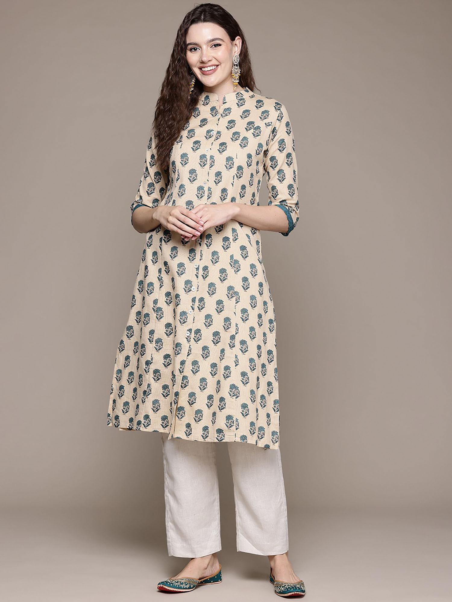 a line style cotton fabric beige & teal kurta