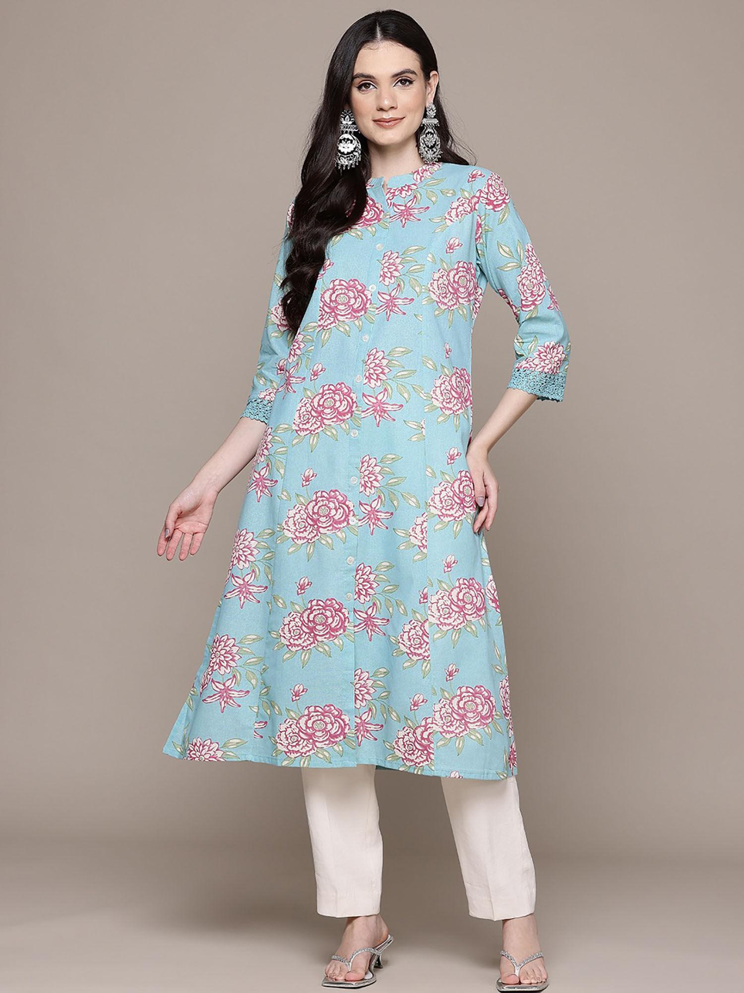 a line style cotton fabric blue & pink kurta