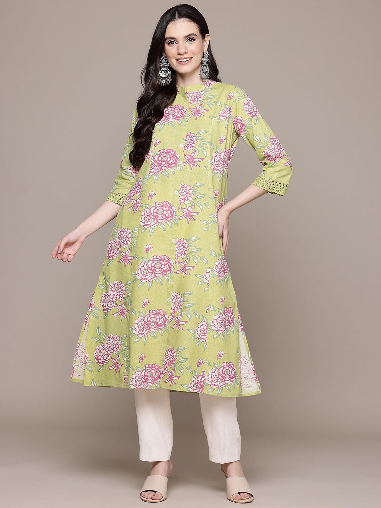 a line style cotton fabric green & pink kurta