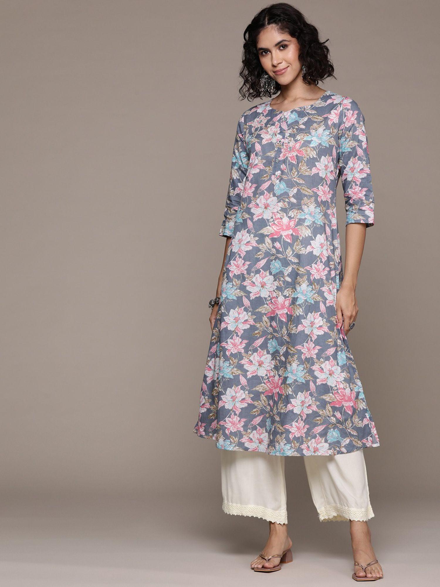 a line style cotton fabric grey kurta