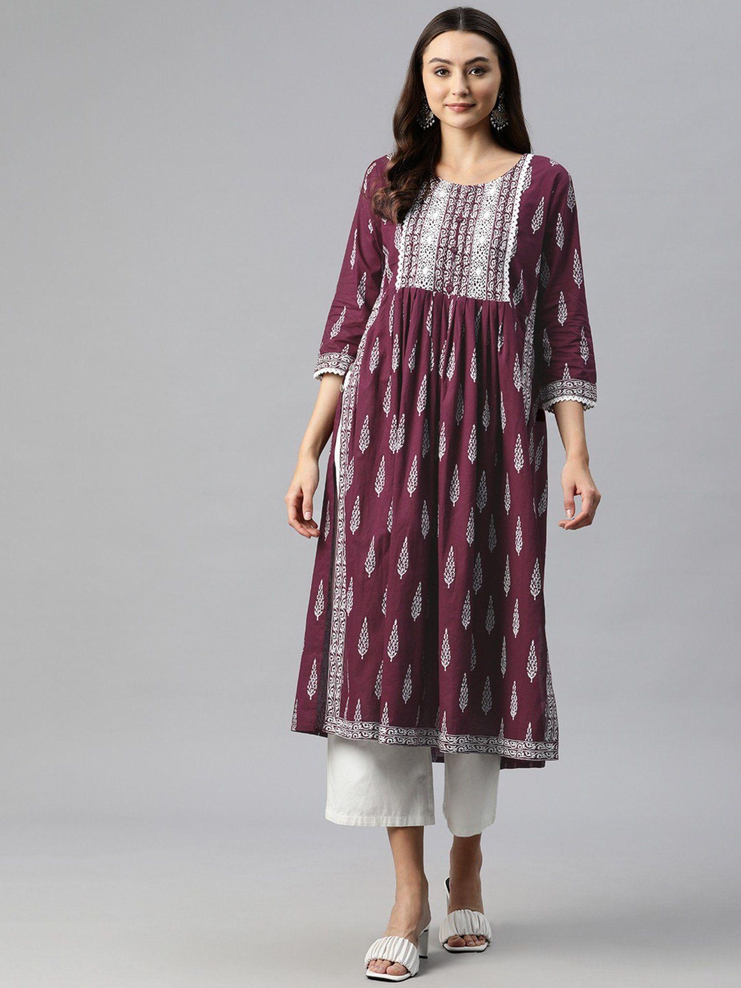 a-line style cotton fabric maroon color kurta