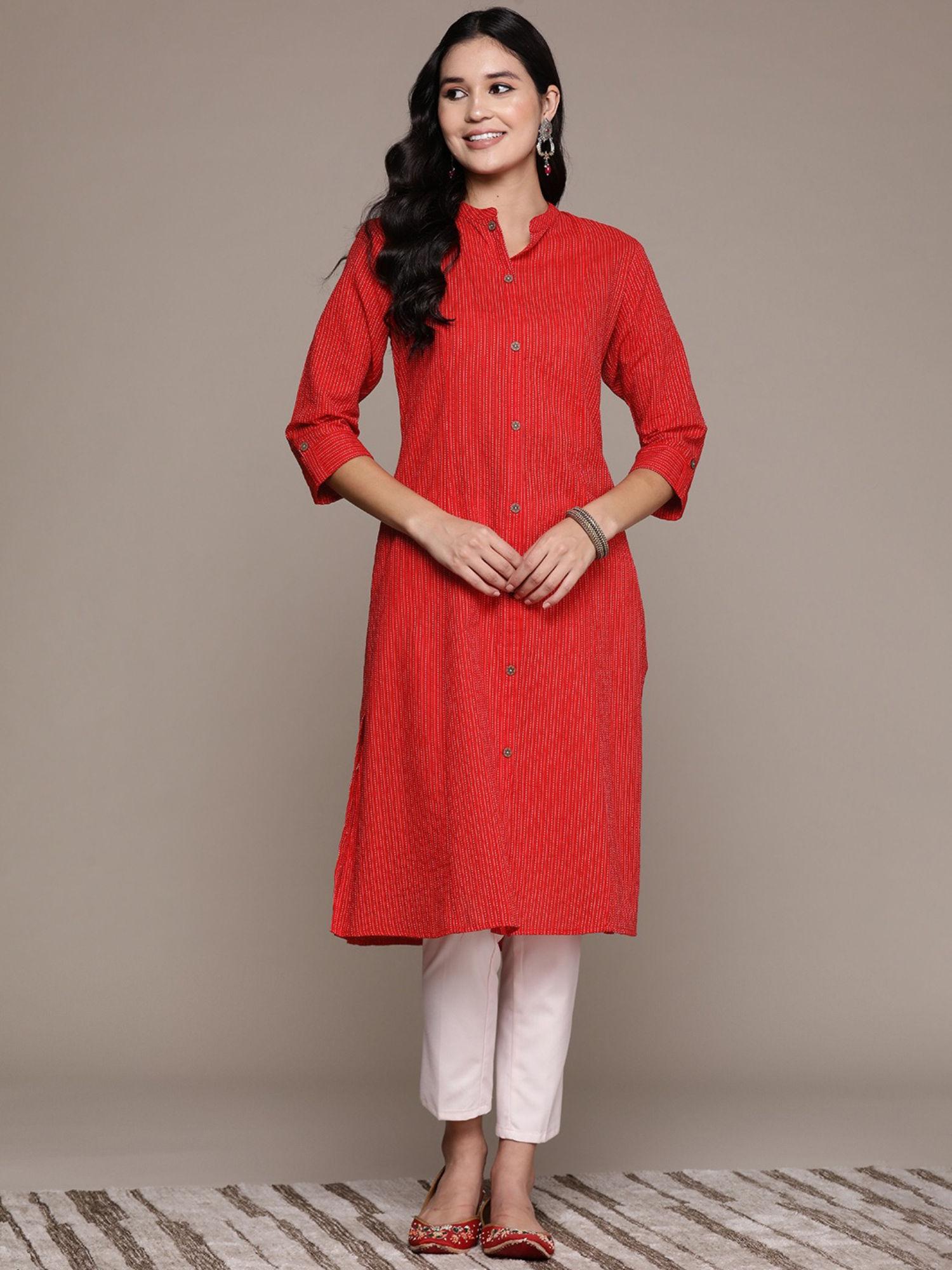 a line style cotton fabric red color kurta