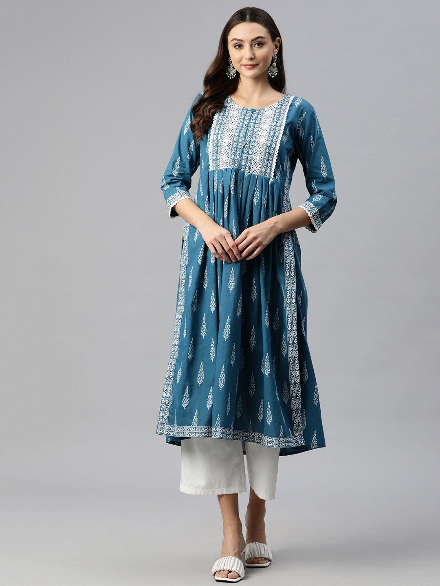 a-line style cotton fabric teal color kurta