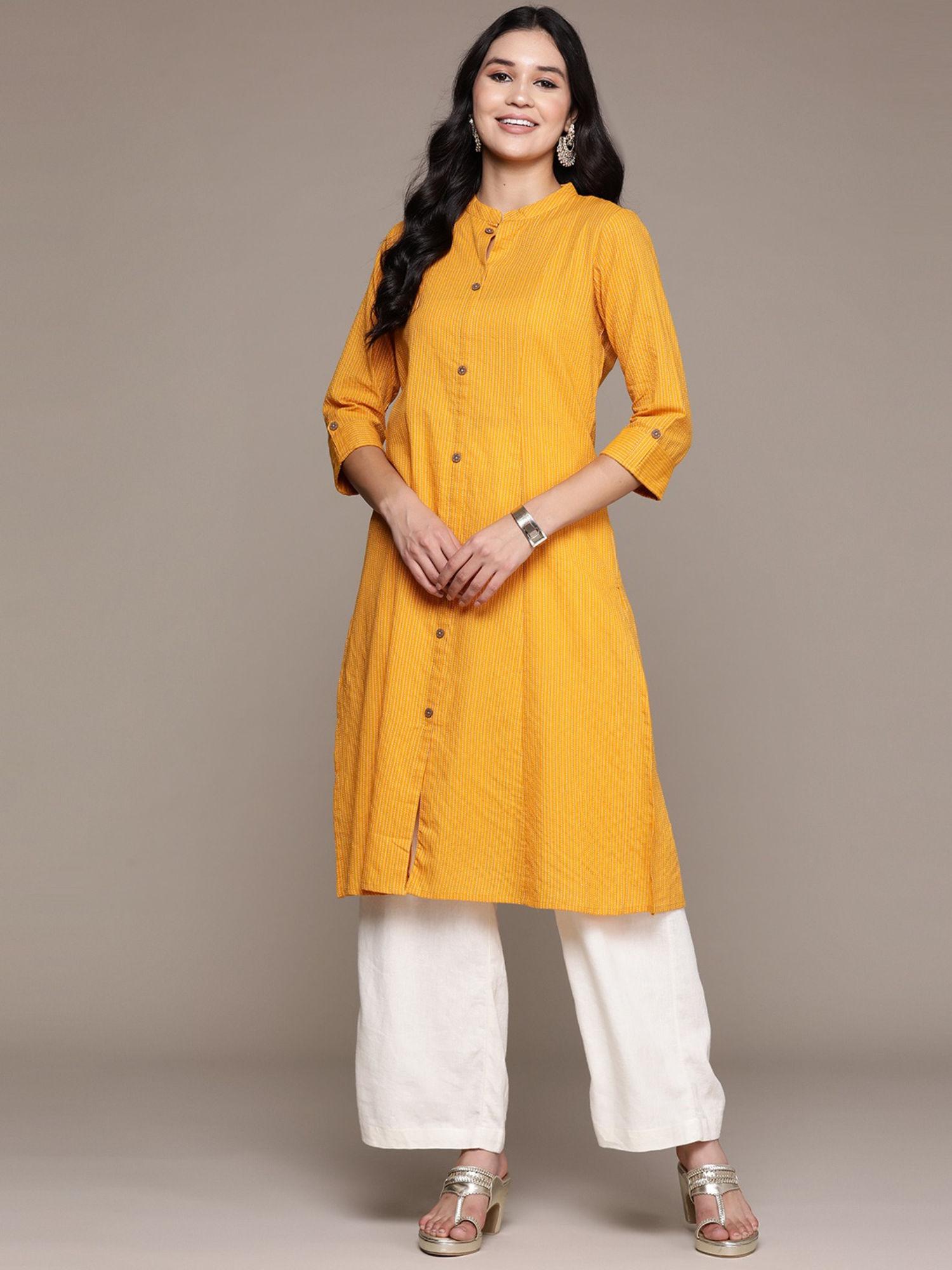 a line style cotton fabric yellow color kurta