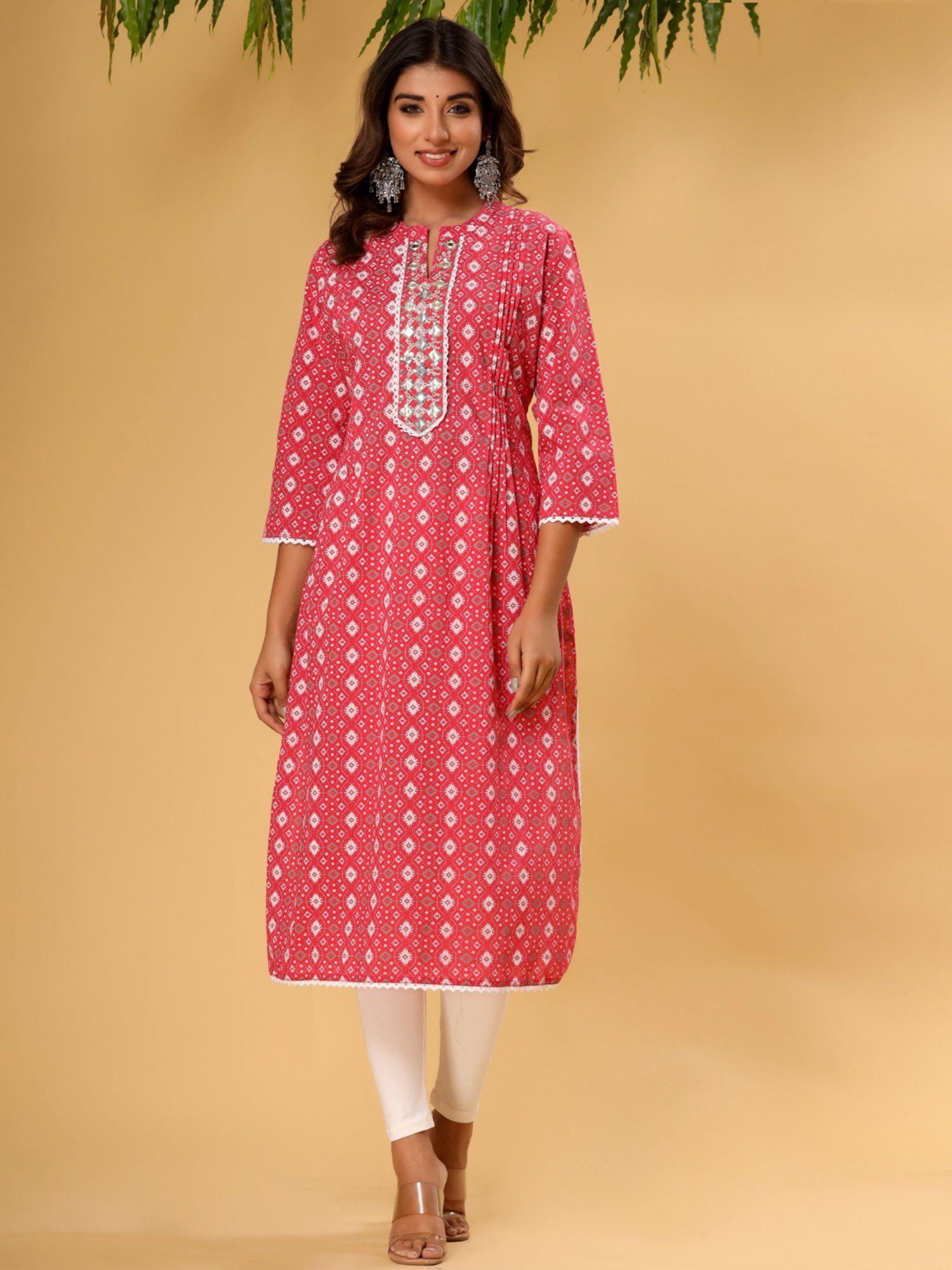 a line style cotton red printed kurta