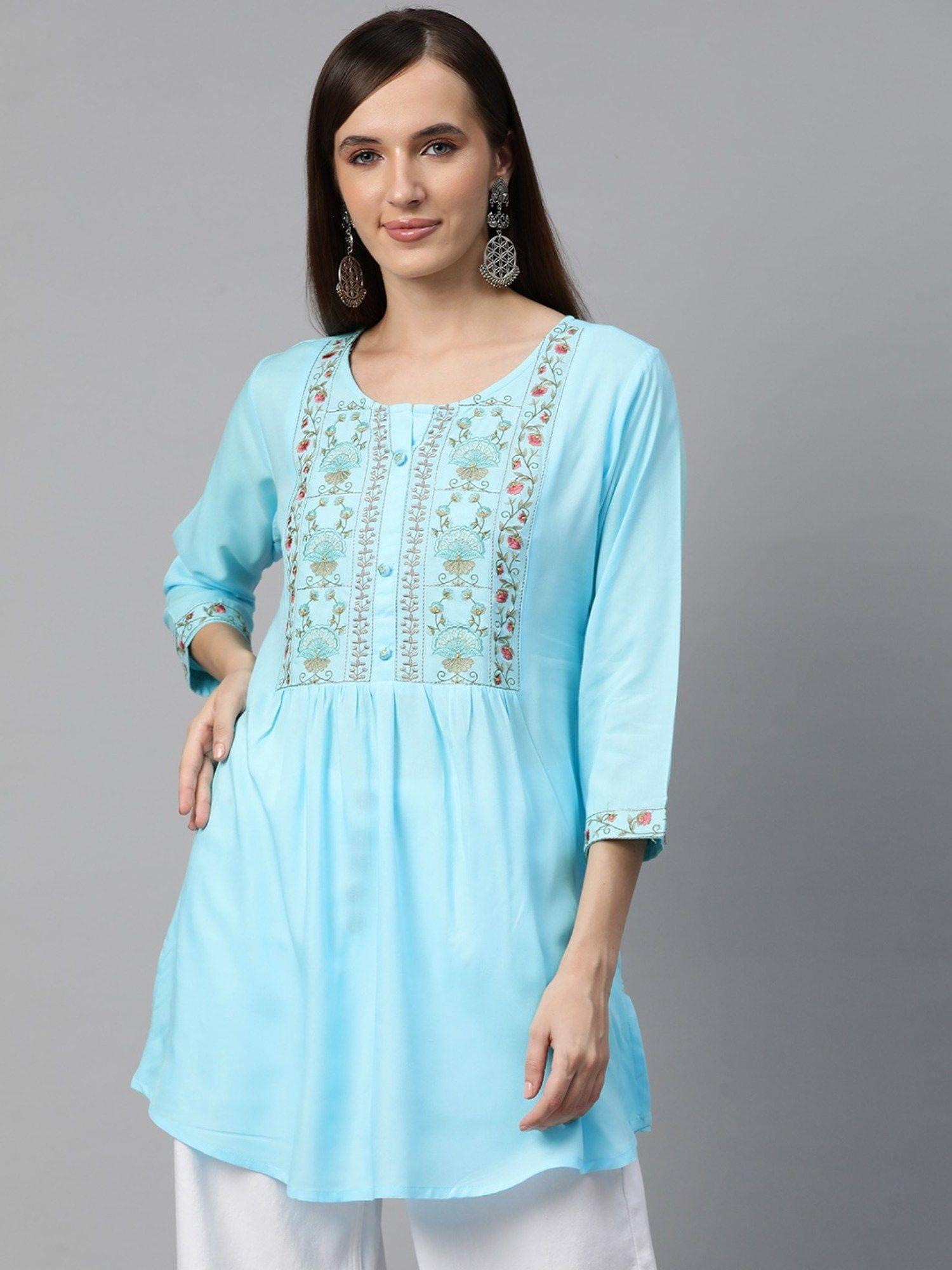 a-line style rayon fabric blue colour kurti