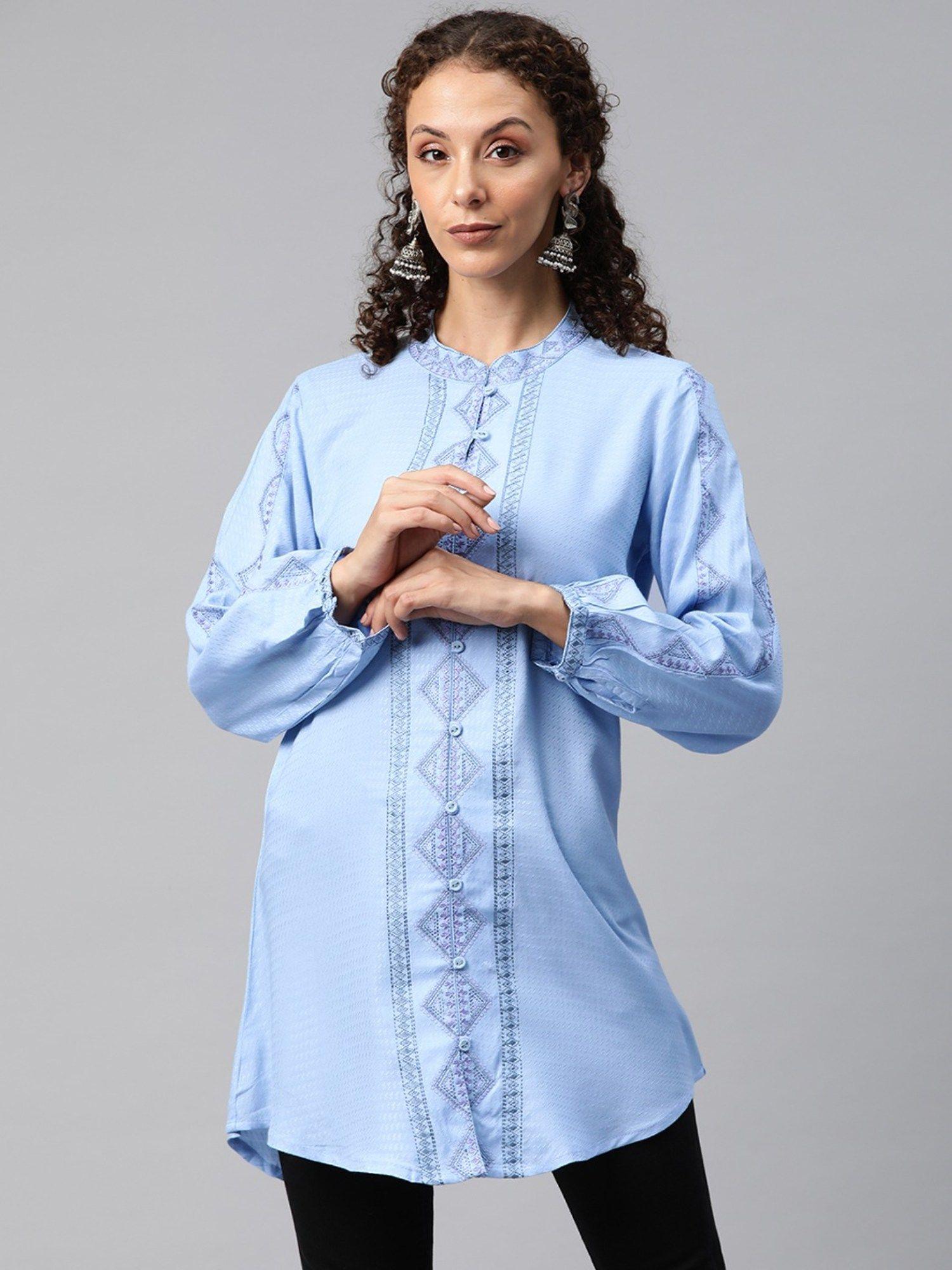 a-line style rayon fabric embroidered blue colour kurti