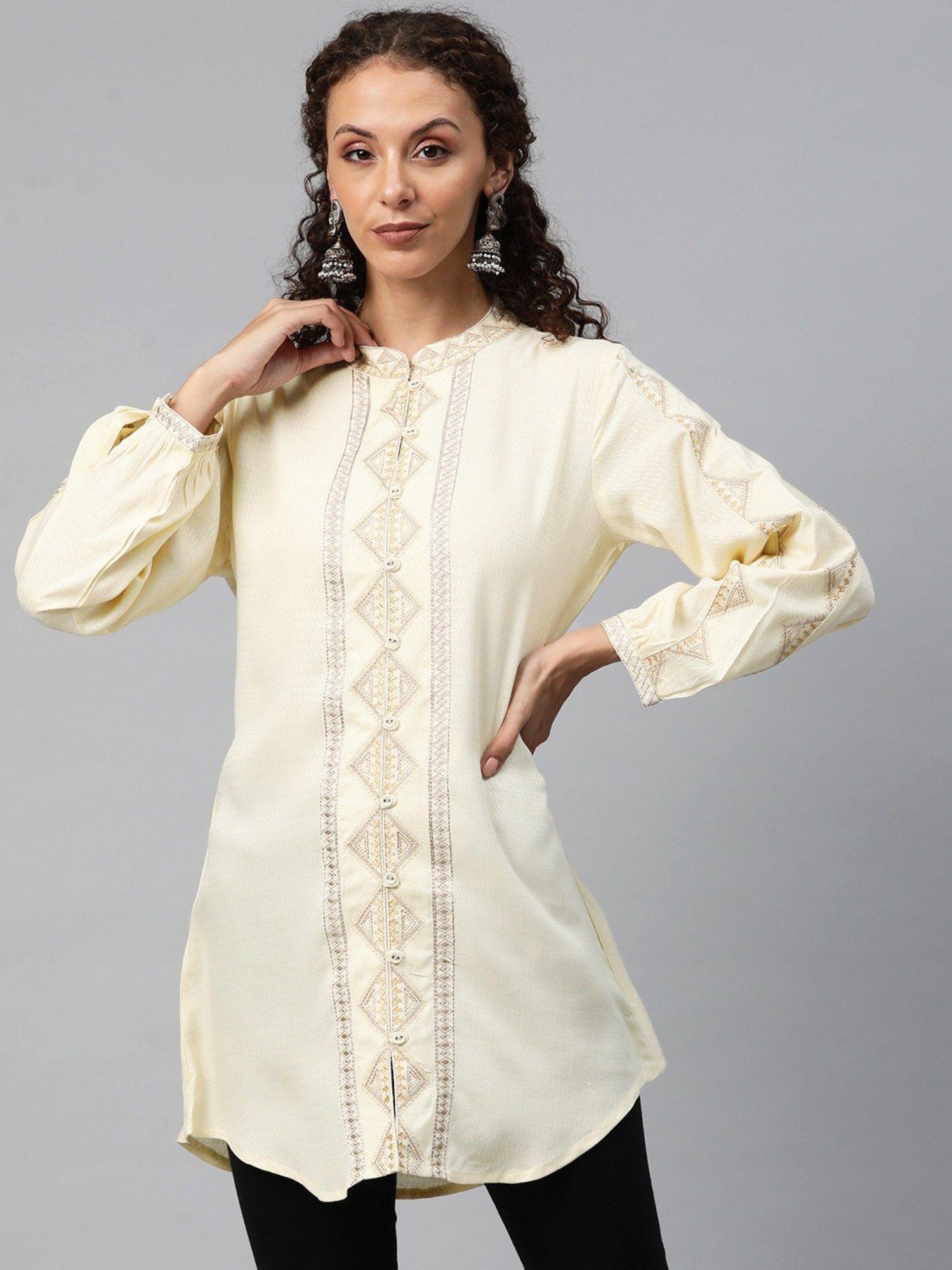 a-line style rayon fabric embroidered cream colour kurti