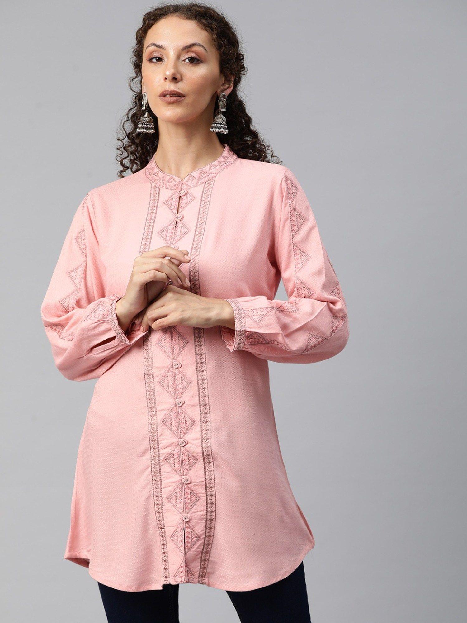 a-line style rayon fabric embroidered pink colour kurti