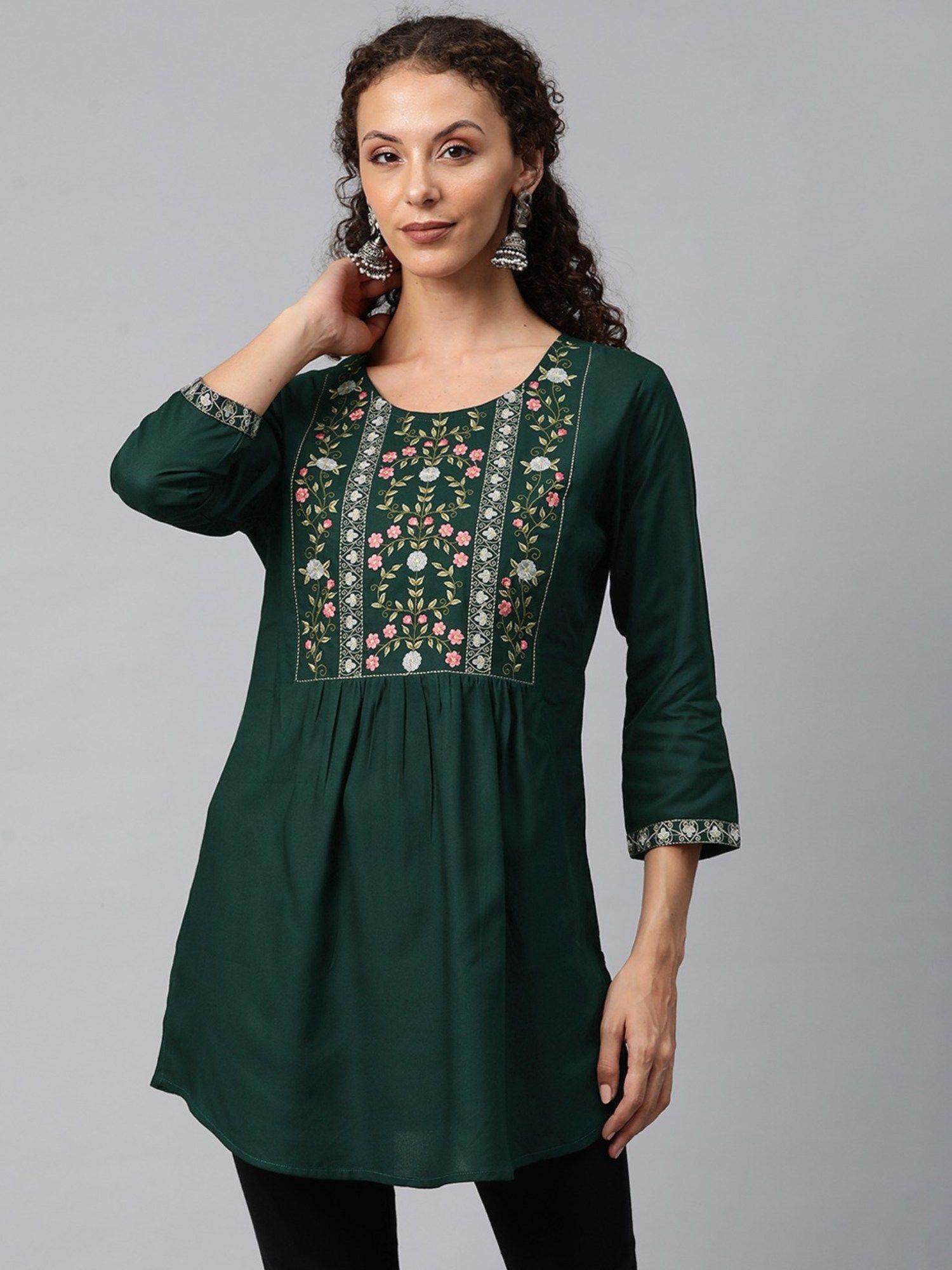 a-line style rayon fabric green colour kurti