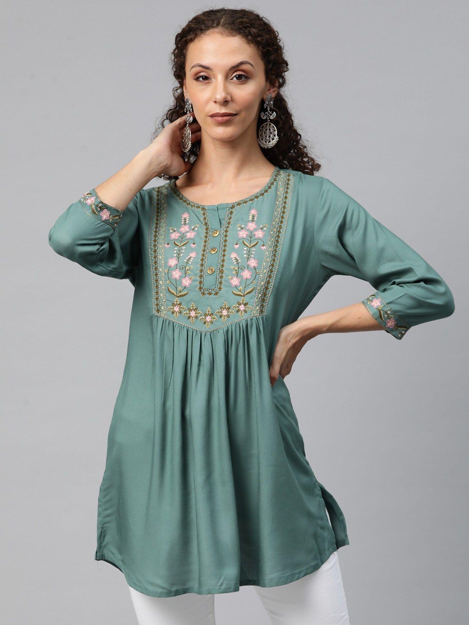 a-line style rayon fabric teal green colour kurti