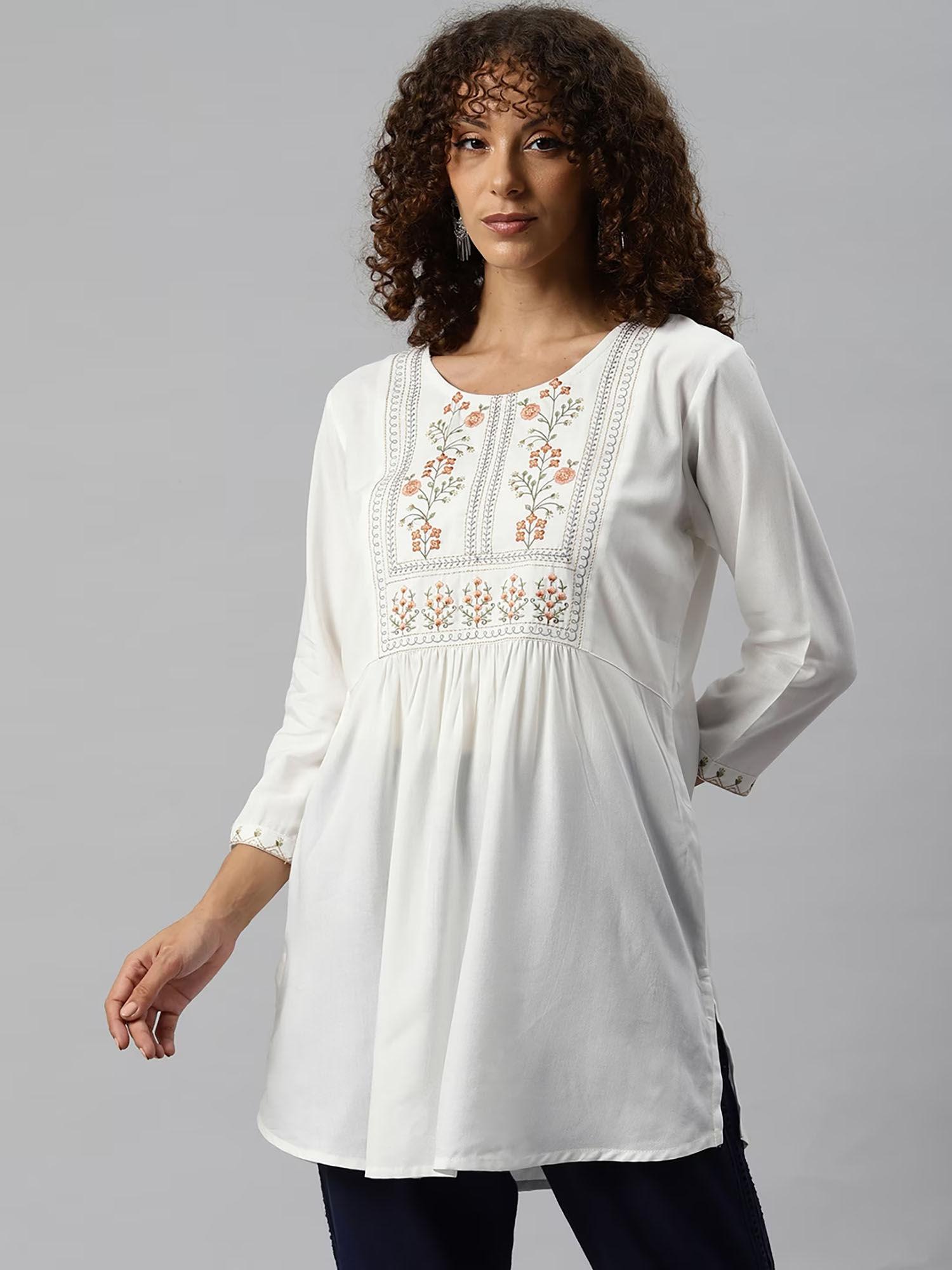 a line style rayon fabric white color kurti