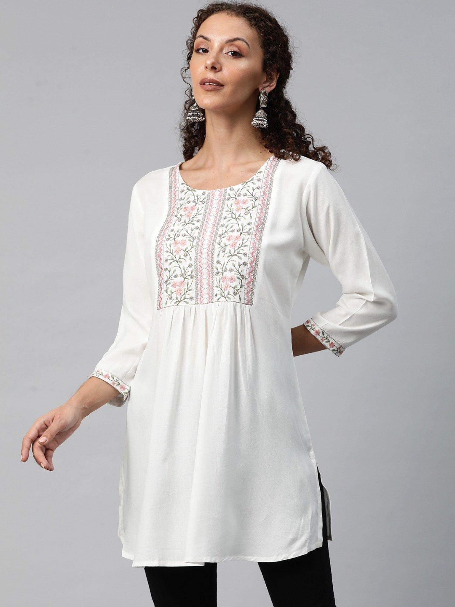 a-line style rayon fabric white colour kurti