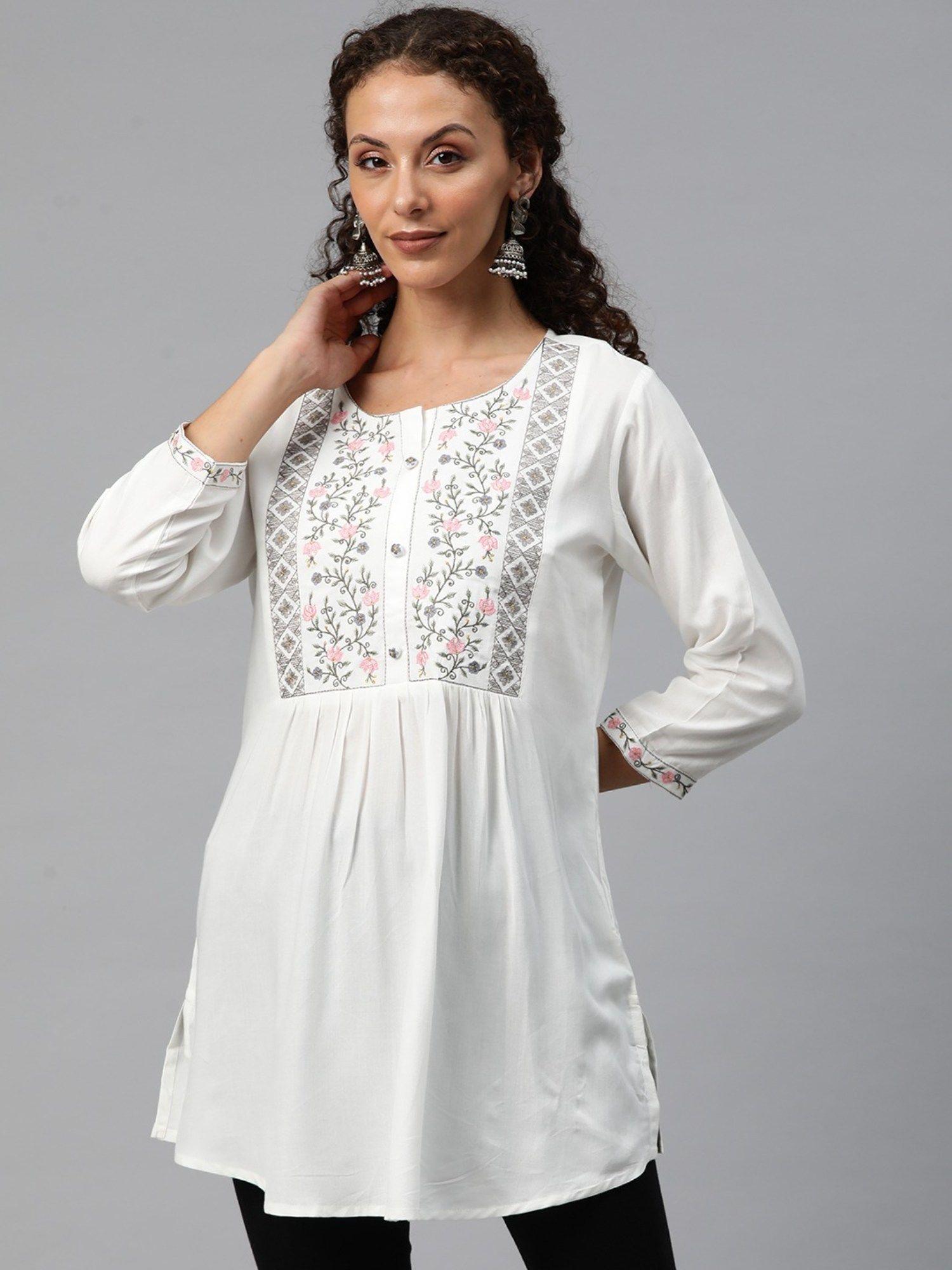 a-line style rayon fabric white colour kurti