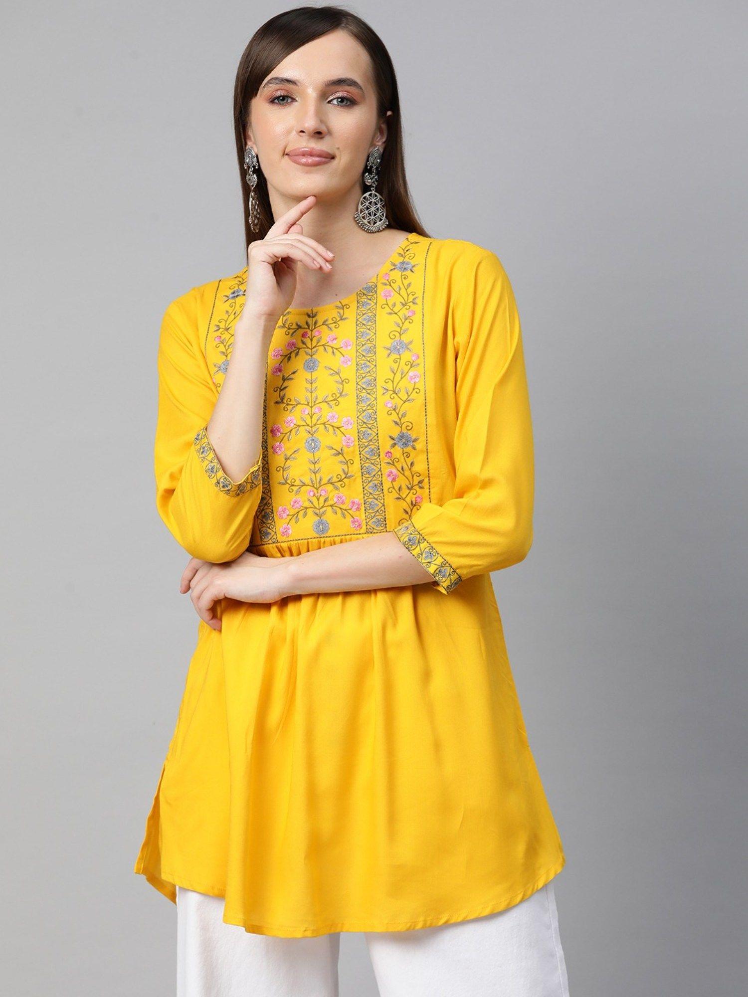 a-line style rayon fabric yellow colour kurti