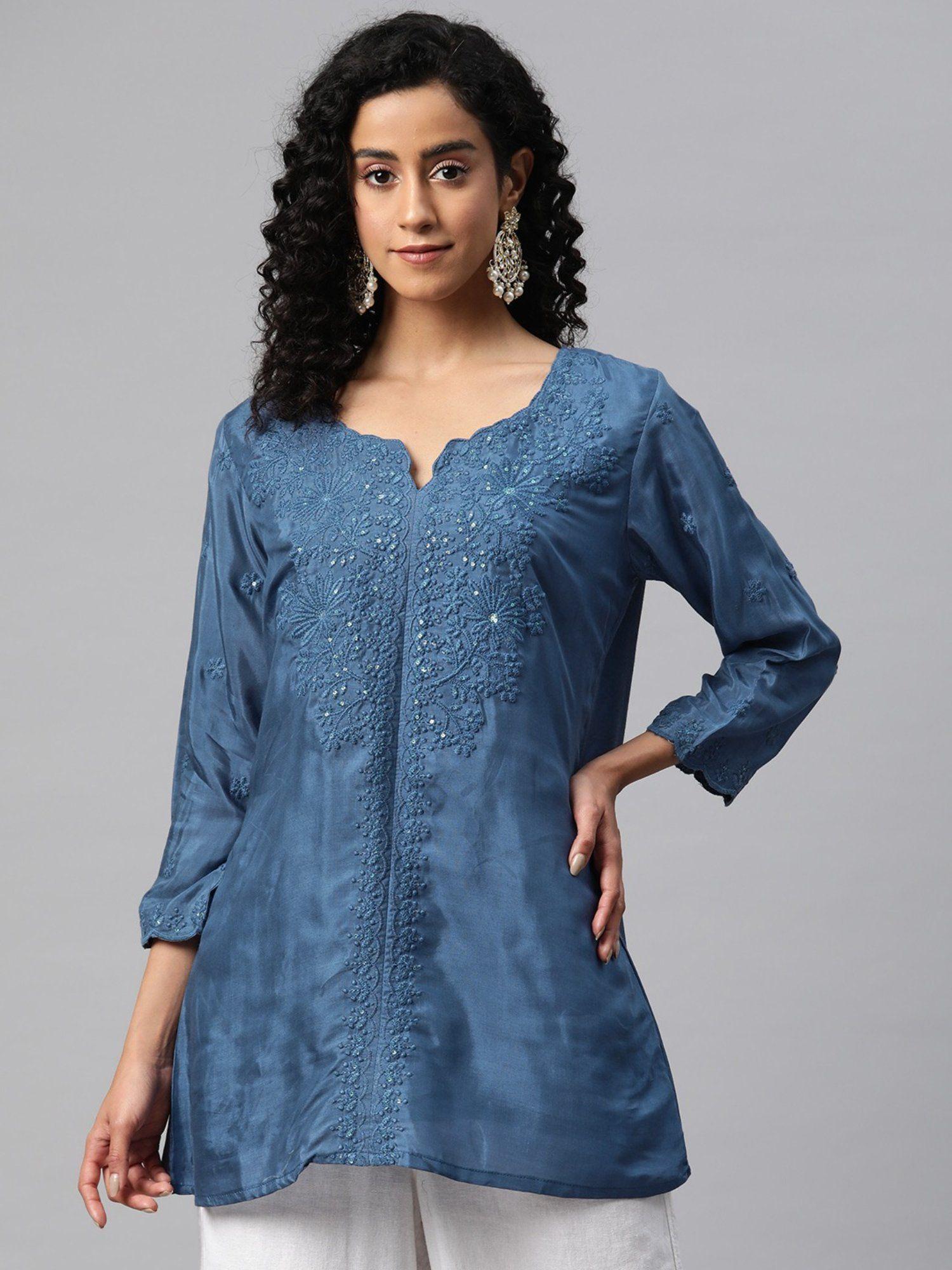 a line style silk fabric blue color tunic