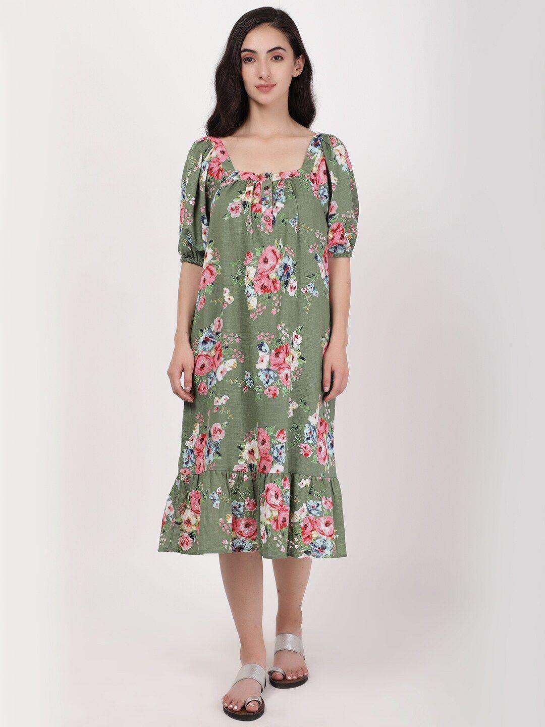 a little fable green floral print a-line midi dress