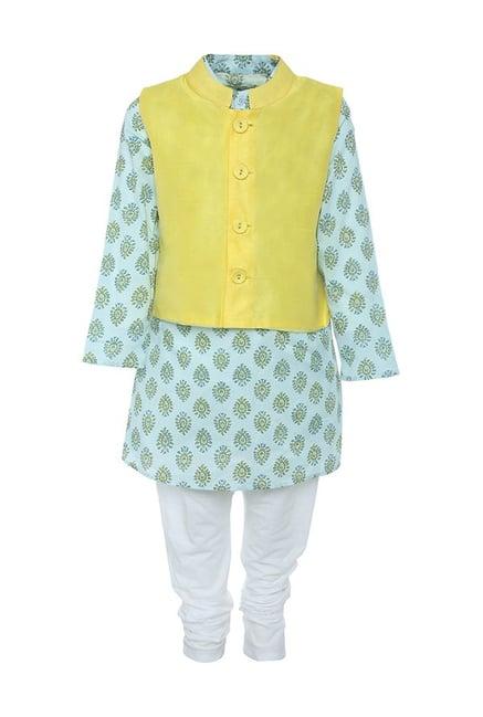 a little fable kids mint green & white printed kurta, pyjama with jacket