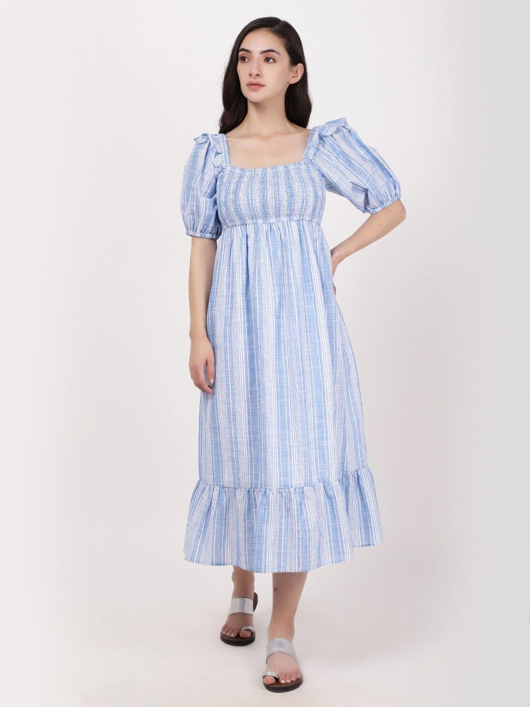 a little fable striped square neck puff sleeve cotton empire midi dress