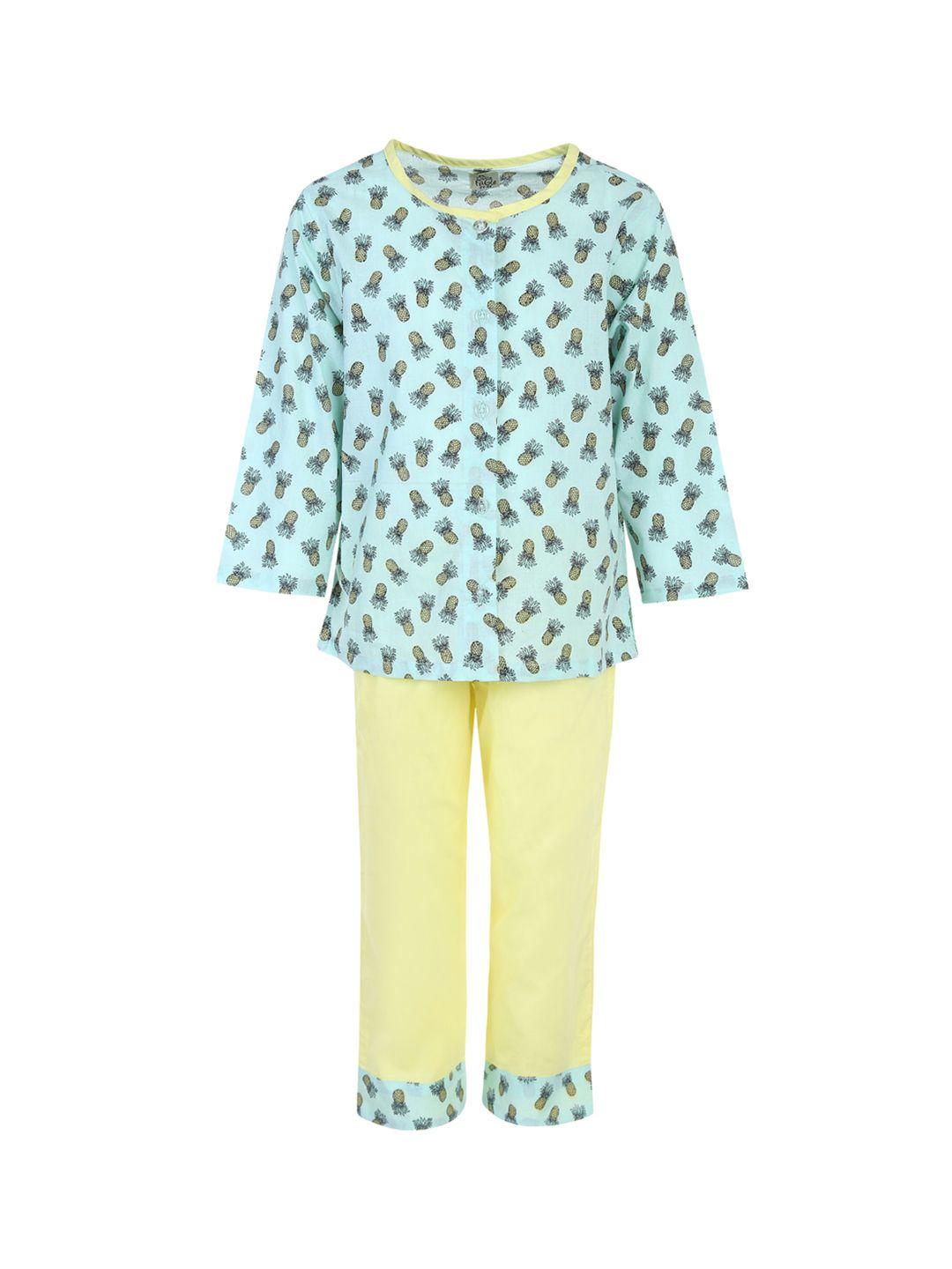 a little fable unisex turquoise blue & yellow printed night suit