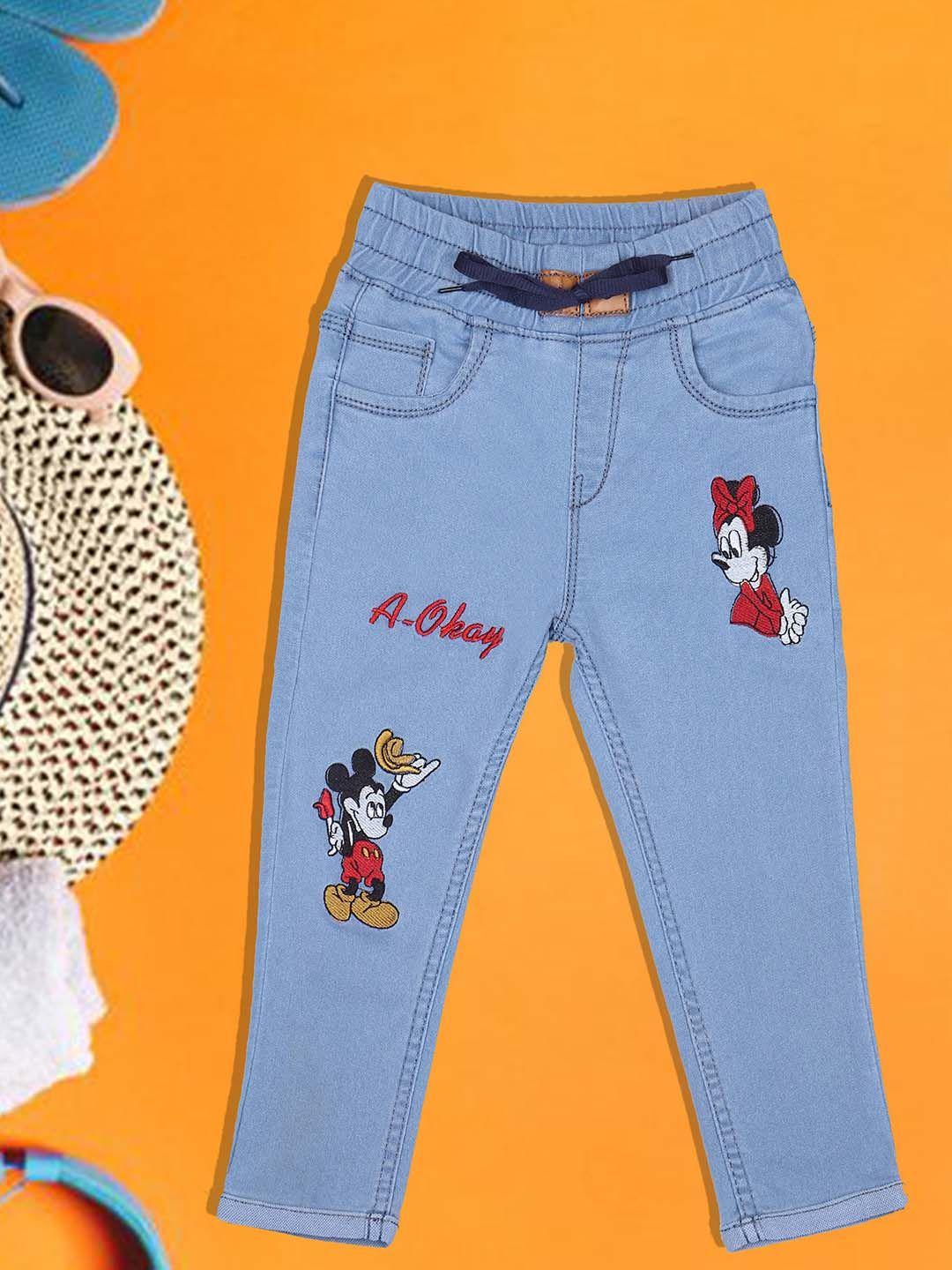 a-okay kids mickey & minnie embroidered slim fit easy wash denim joggers