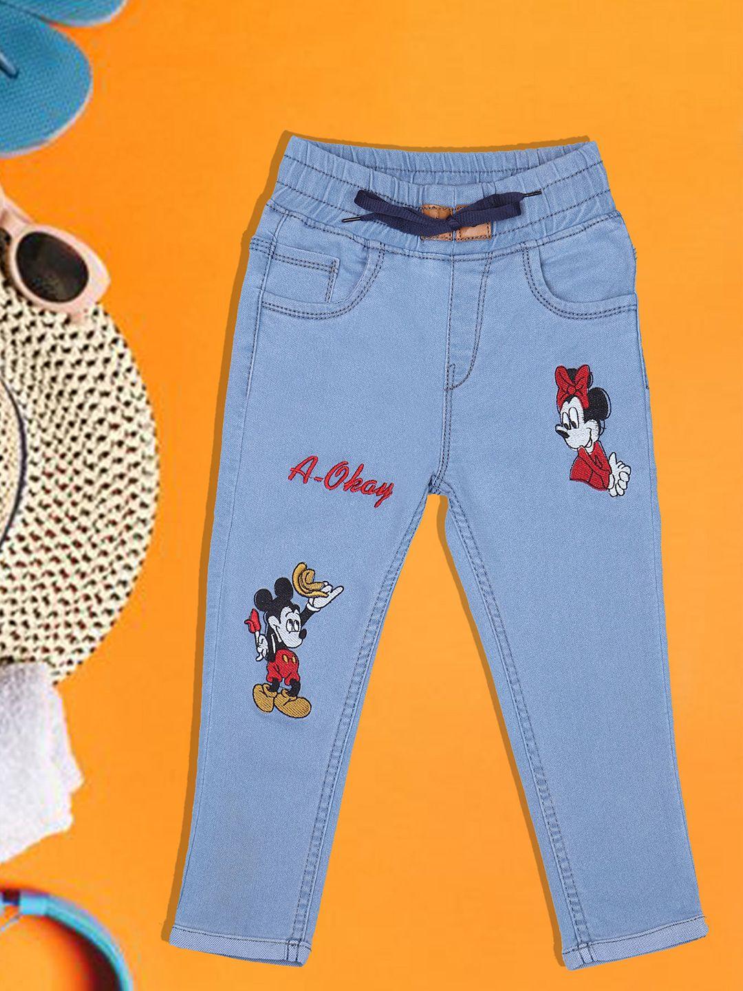 a-okay kids mickey & minnie embroidered slim fit high-rise trousers