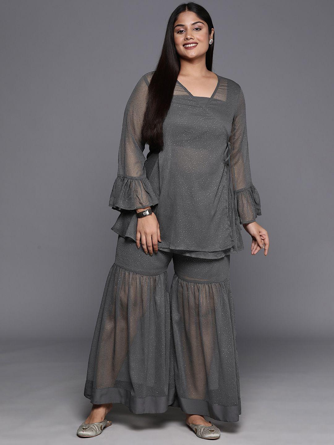 a plus by ahalyaa plus size ethnic printed chiffon wrap tunic with sharara