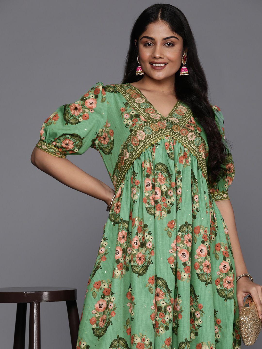 a plus by ahalyaa plus size floral print puff sleeves sequinned midi empire ethnic dress