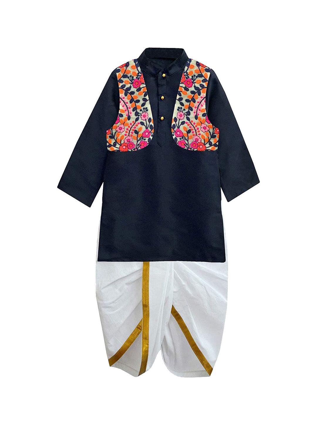 a t u n boys navy blue floral regular kurta & dhoti pants with jacket
