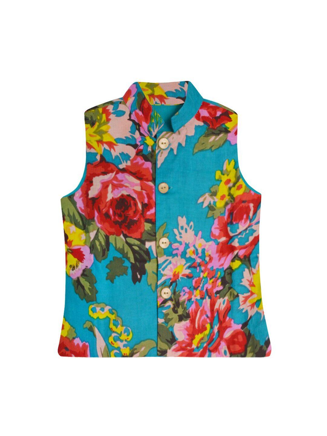 a.t.u.n. boys blue & red floral printed pure cotton nehru jacket