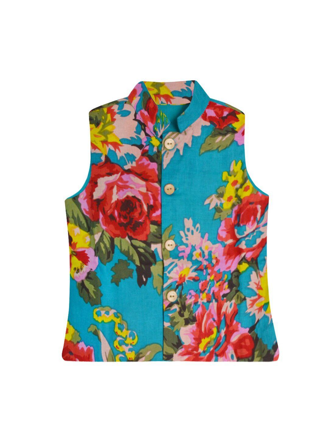 a.t.u.n. boys blue & red floral printed pure cotton nehru jacket