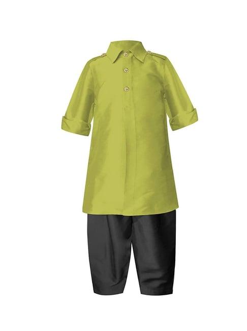 a.t.u.n. boys lime green & black regular full sleeves pathani kurta with pyjamas