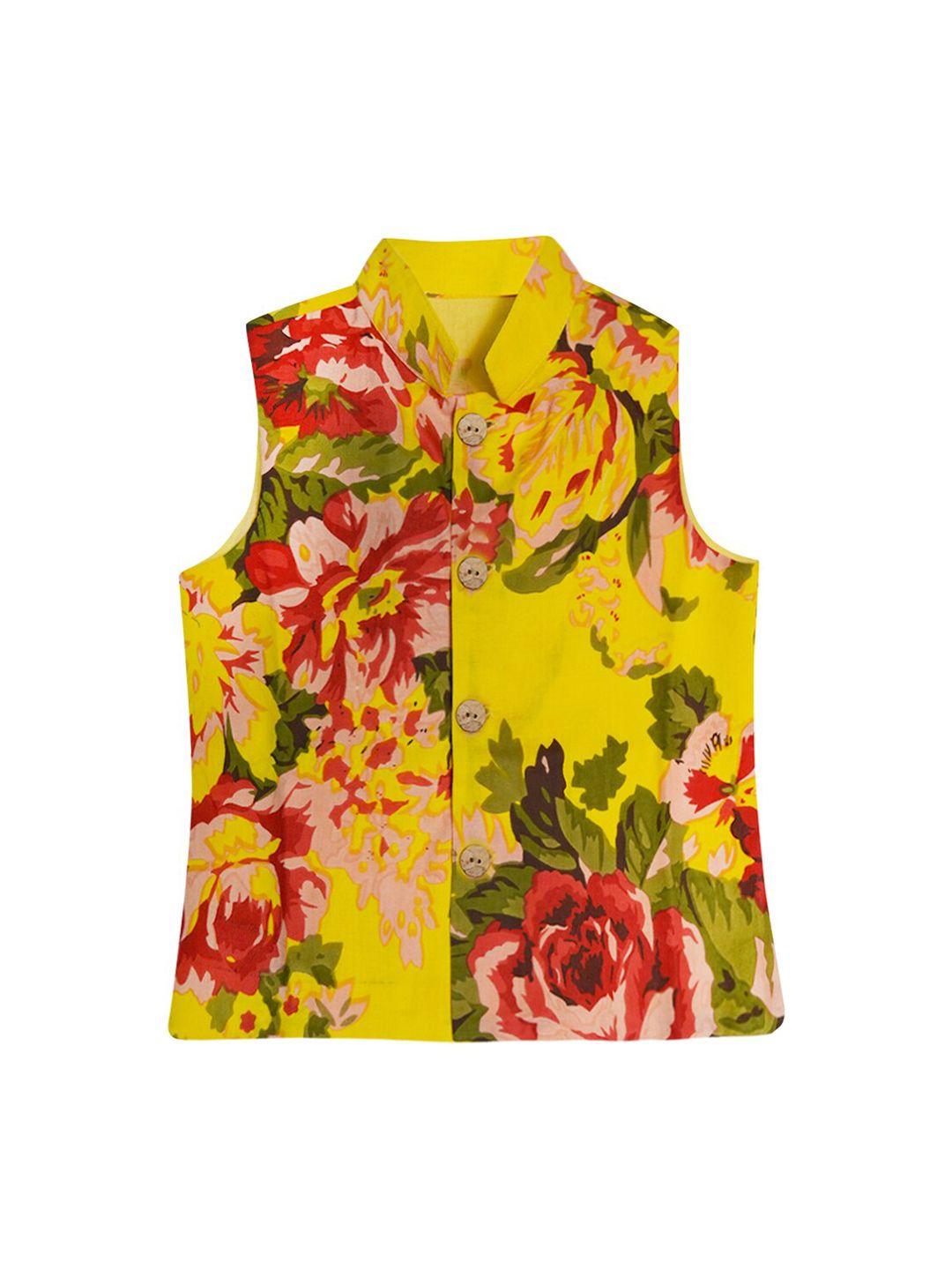 a.t.u.n. boys yellow & red floral printed pure cotton nehru jacket