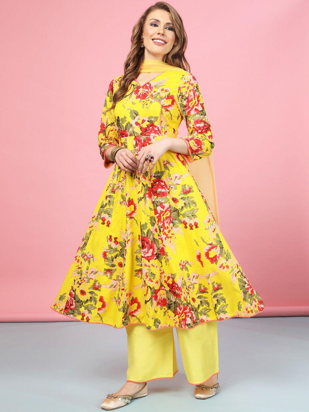 a.t.u.n. floral printed anarkali pure cotton kurta with palazzos & dupatta