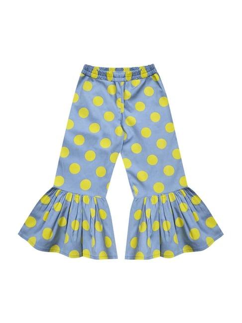 a.t.u.n. kids blue & yellow cotton printed ruffle pants
