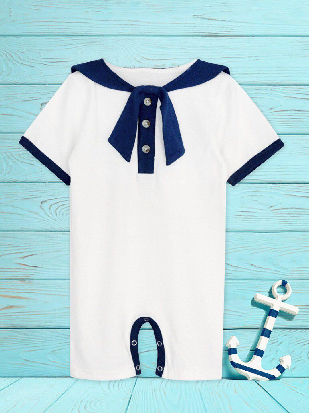 a.t.u.n. kids white & navy blue pure cotton sailor rompers