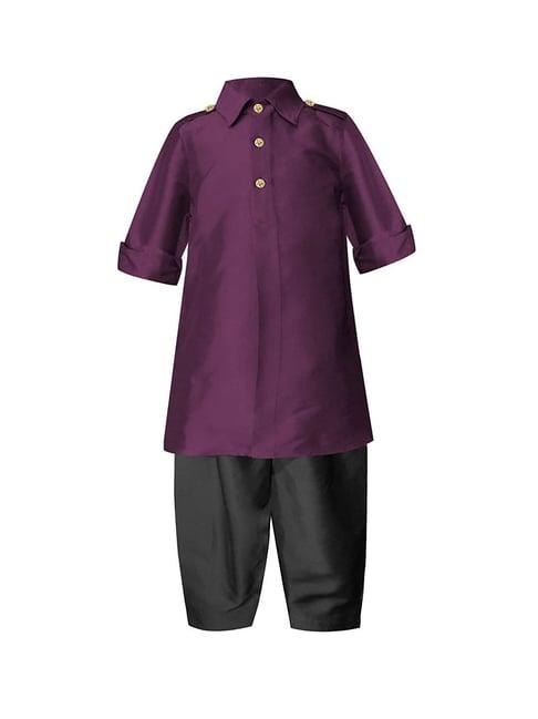 a.t.u.n. wine & black solid full sleeves pathani kurta with pyjamas