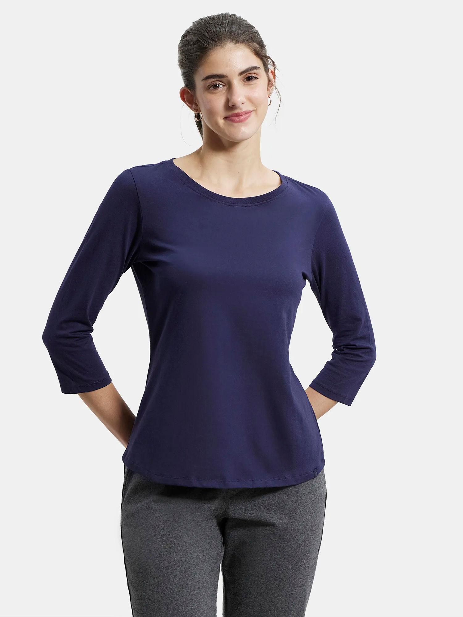 a100 women's cotton rich 3-4th sleeve t-shirt blue