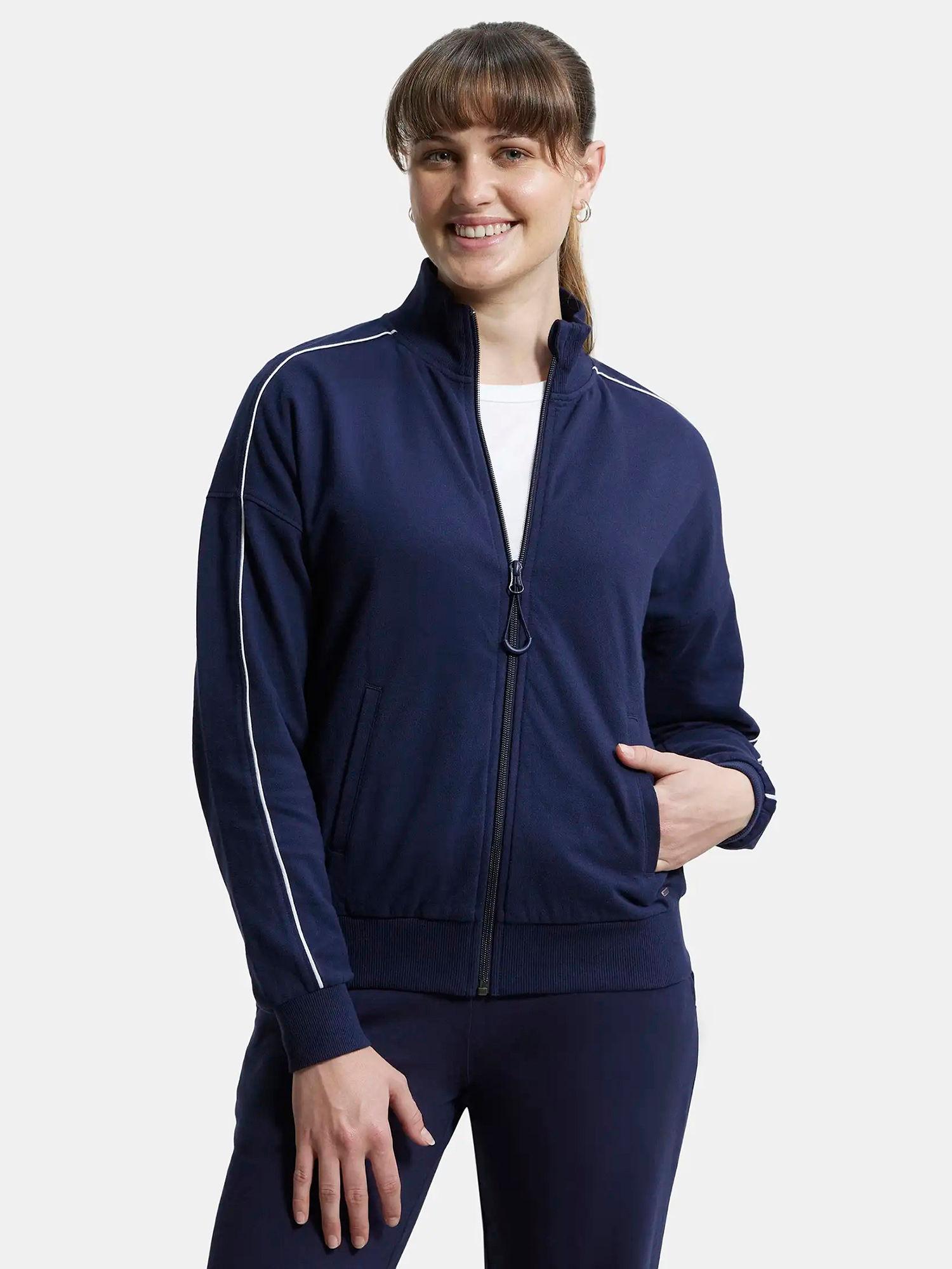 a111 women's cotton french terry fabric jacket with front pockets - blue