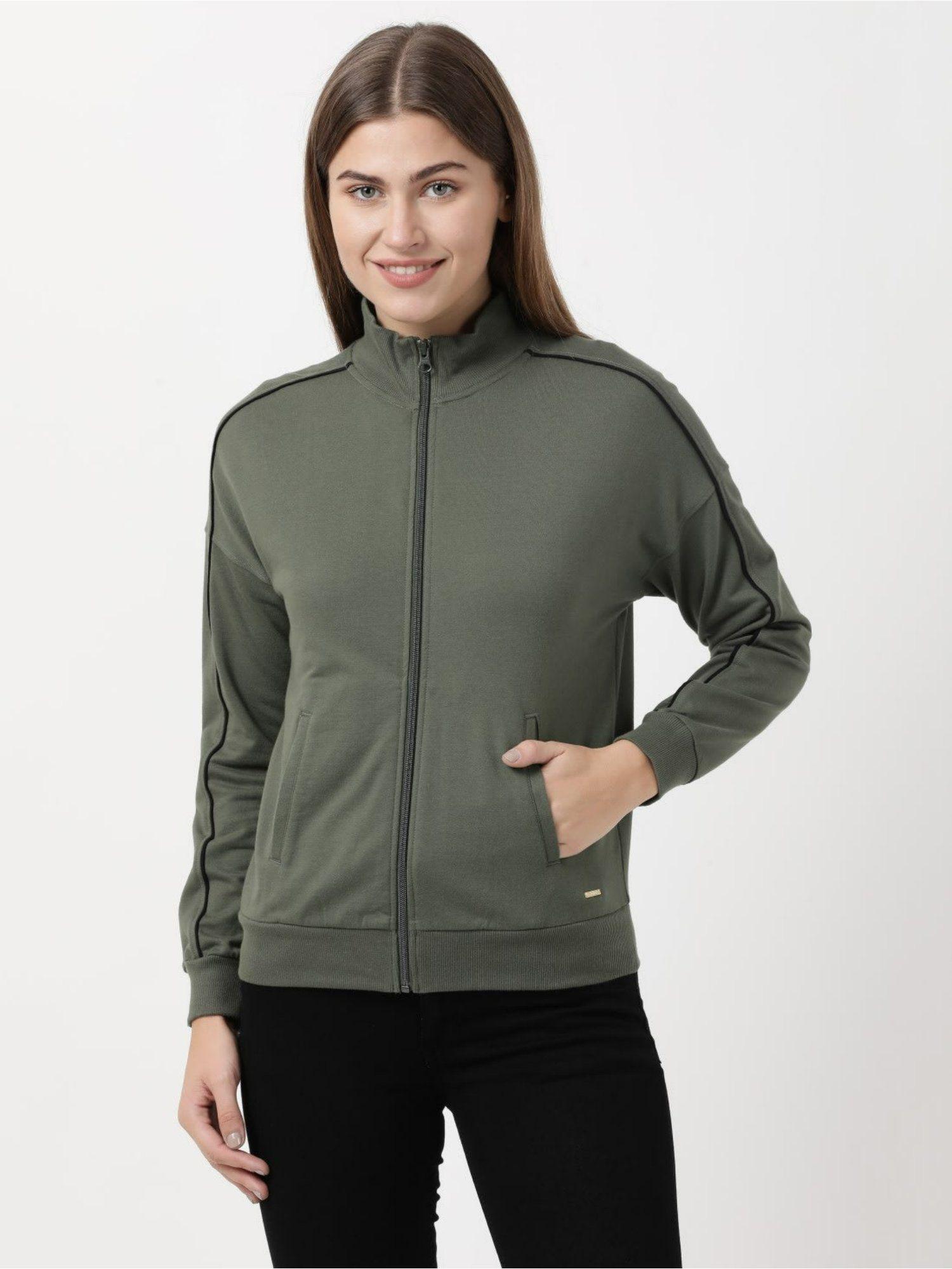 a111 women's cotton french terry fabric jacket with front pockets - green